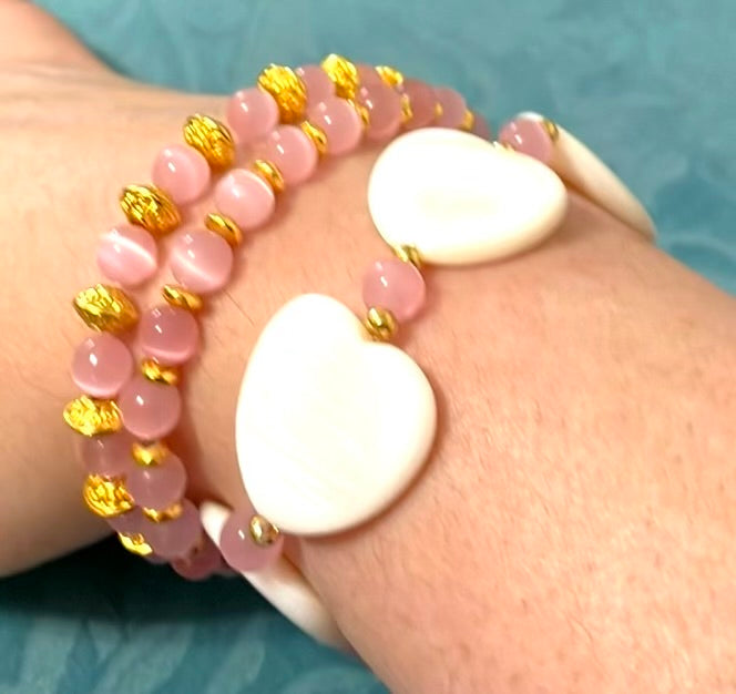 Pretty in Pink Cat Eye and Seashell Bracelet Set