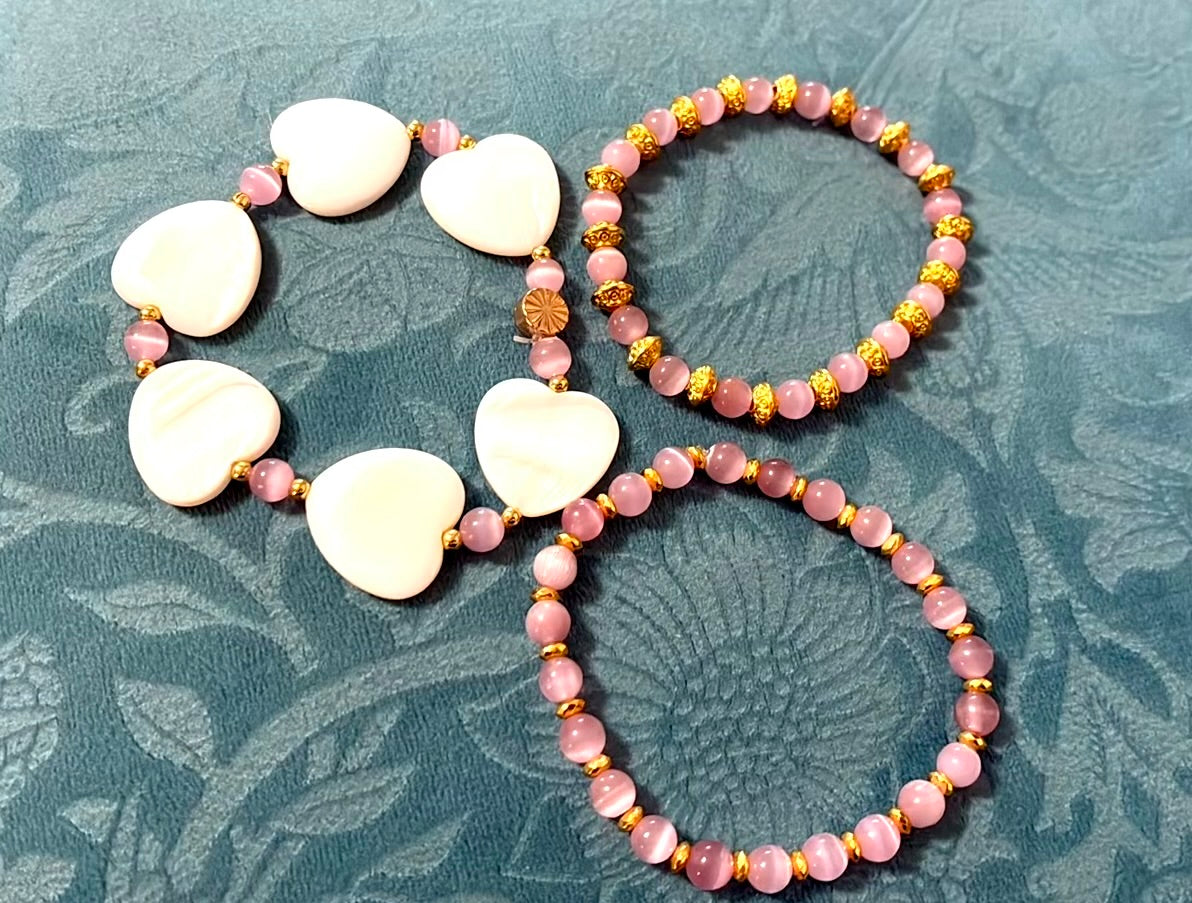 Pretty in Pink Cat Eye and Seashell Bracelet Set