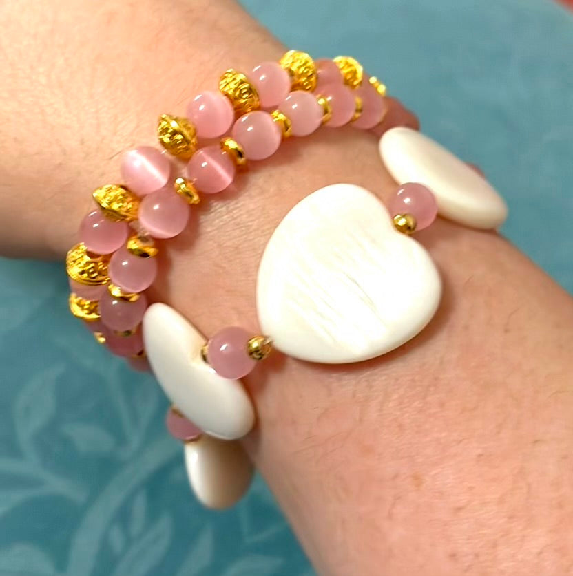 Pretty in Pink Cat Eye and Seashell Bracelet Set